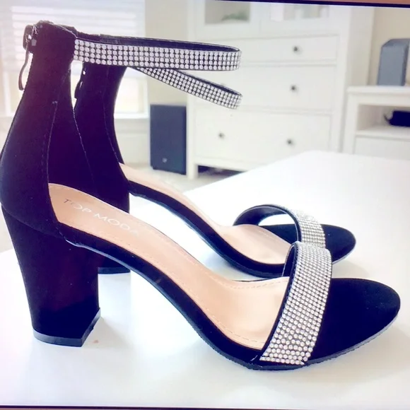 TOP MODA Rhinestone Crystal chunky black Heel Sz 8” - Picture 3 of 5